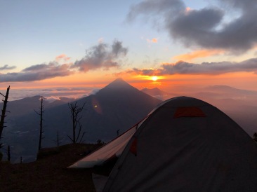 Our Acatenango campsite, overlooking sunrise over Agua volcano